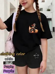 Motorcycle Girl Graphic Set, Cool Outdoor Motocross Tee and Shorts for Kids 4-12, Casual Star Pattern, Fashion Clothes Set
