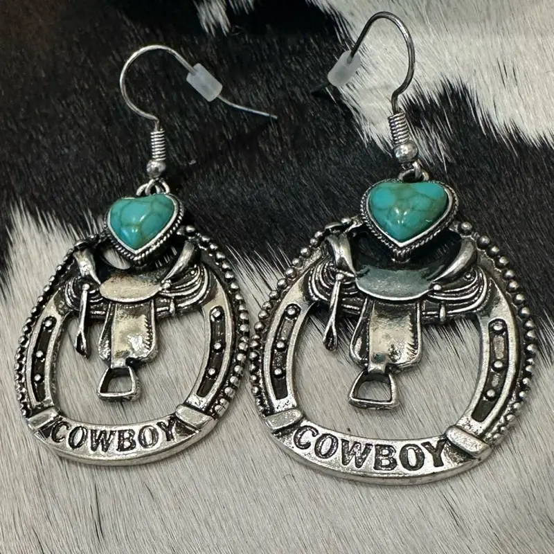 Western saddle, cowboy earrings