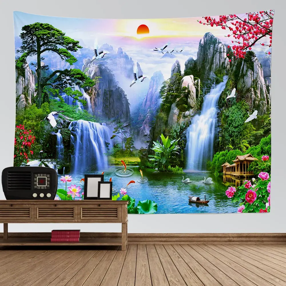 Natural Landscape Decorative Wall Tapestry - Flower Pattern Home Decor with Mountain, Waterfall, Bird, Sunset, 11-Tree Design for Indoor Aesthetic Room Wall Hanging, Wall Tapestries