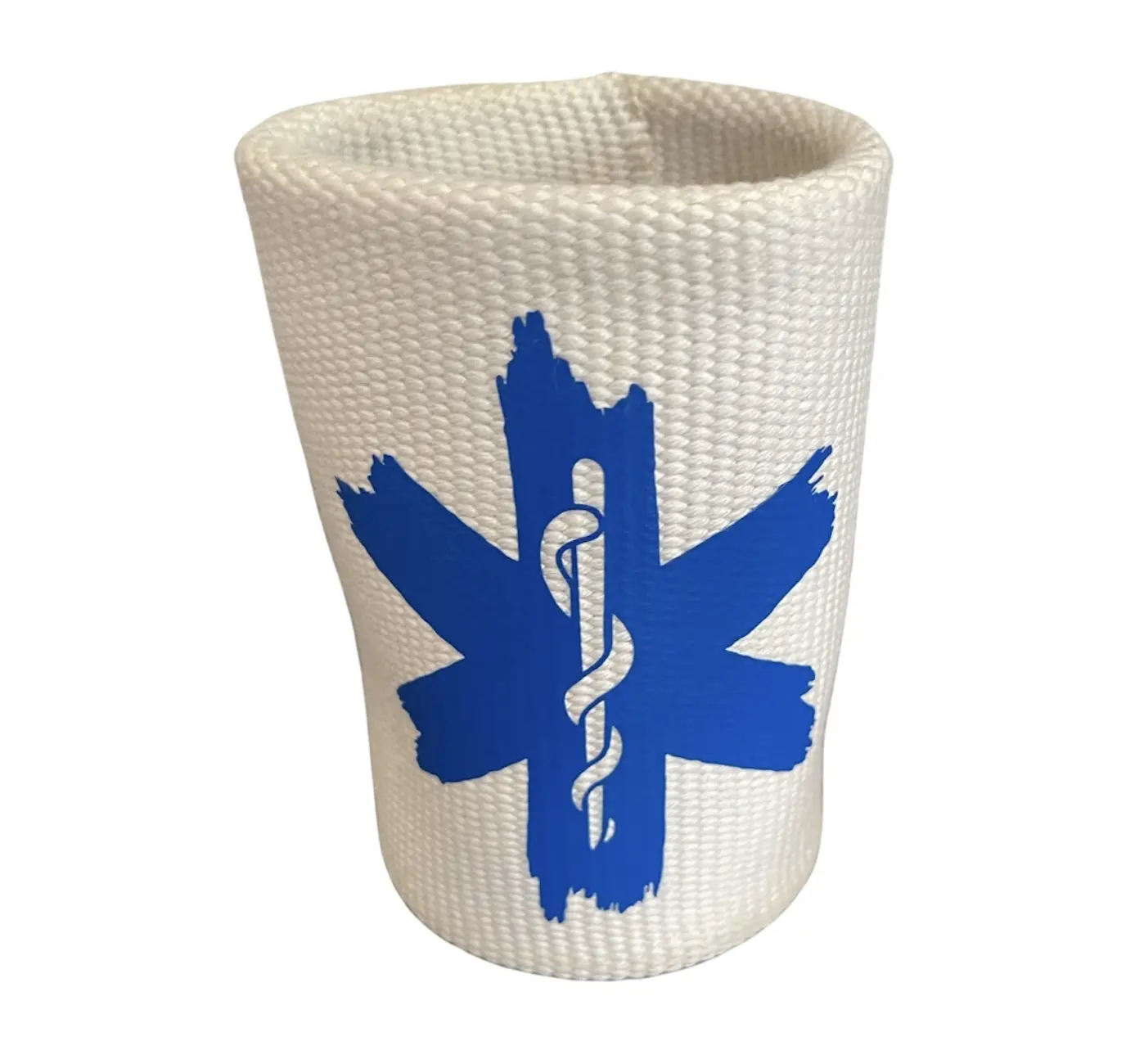 Star of Life Fire hose Cozie. The cozie is made from used fire hose and the graphic shows the star of life in blue heat pressed vinyl. This is a 100% USA made product by Crafty American
