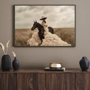 Lolabsart Original Art Home Decor Canvas Print Black Woman on Hors Beige Dress Artistic Wall Minimalist 24x36 Inches Framed African Heritage Equestrian