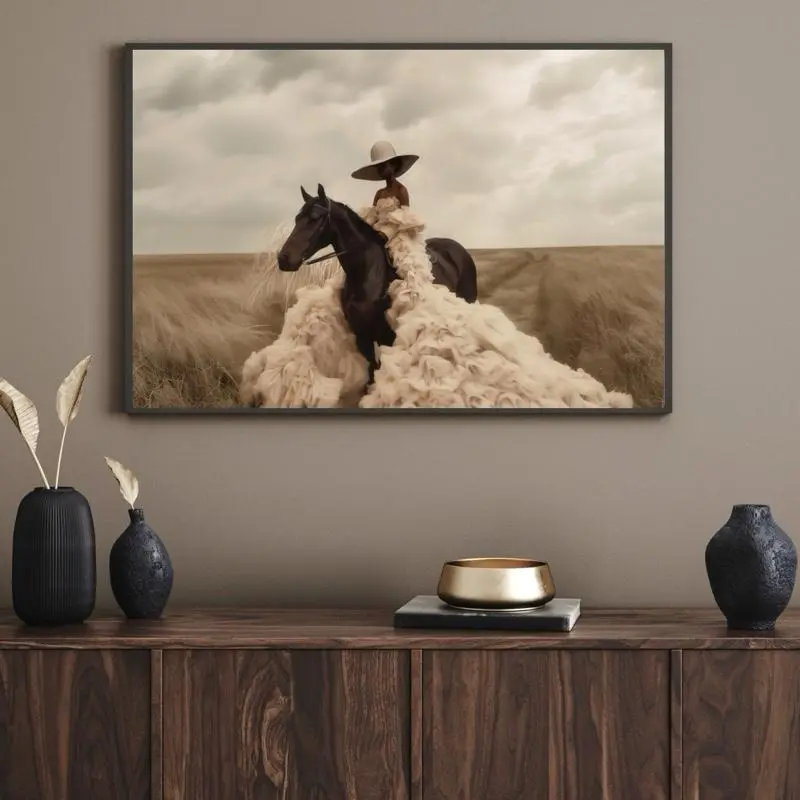 Lolabsart Original Art Home Decor Canvas Print Black Woman on Horse Beige Dress Artistic Wall Minimalist 24x36 Inches African Heritage Equestrian