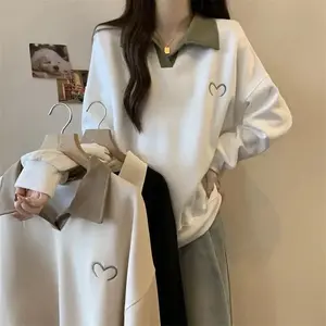 Polo Collar Long-Sleeved Sweatshirt for Women in Autum Fat Loose Slimming Look Large Size Lazy Style Design Jacket Top