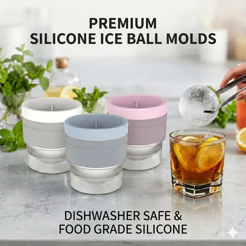 Stackable Whiskey Ice Ball Mold Set (Stack 3/6 Molds), 2.5-in Large Round Silicone Maker with Lid, Easy Release Leak-Proof Trays, Space-Saving Kitchen Gadgets for Cocktails, Bourbon, Ice Cube Maker
