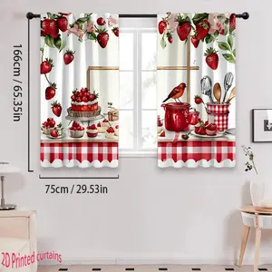 JOYFINITY [2pcs Strawberry Curtains] 2pcs Strawberry Dessert Kitchen Scene Patterned Curtains, Easy to Hang with a Rod, Suitable for Living Room And Bedroom Decoration