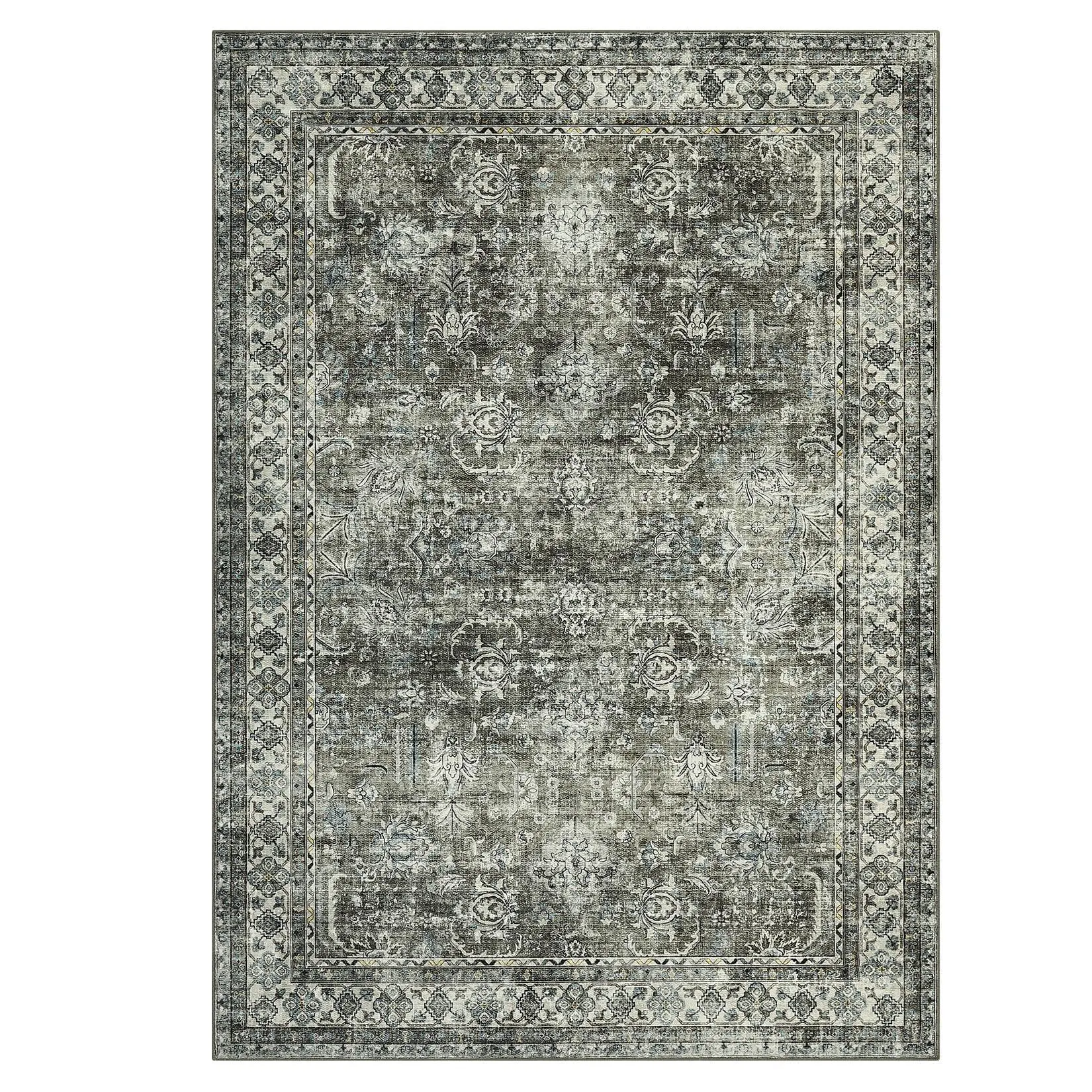 5 x 7 ft Polyester Cashmere Brown Green Rectangular Hallway Bathroom Entryway Kitchen Office Foldable Flower Printed Persian Washable Area Rug-C