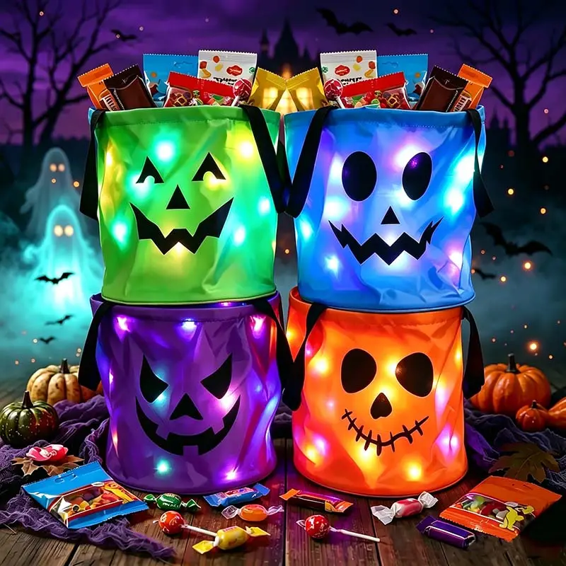 LED Light-Up Halloween Pumpkin Candy Buckets, 3/4-Pack Reusable Tote Bags for Students, Glow-in-the-Dark Trick-or-Treat Goodie Pails for Neighborhood Halloween Night Events Christmas Gift