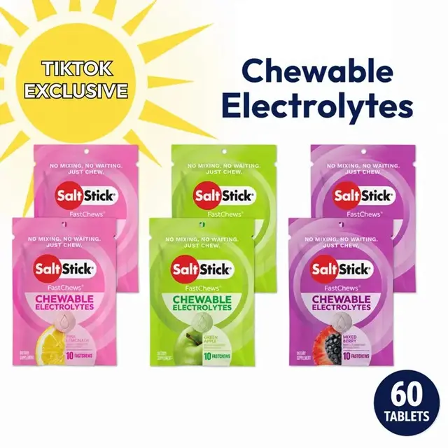 SaltStick Electrolyte FastChews Summer Favorites Variety Pack - 60 Tablets | 6 packets of refreshing summer flavors. Chewable electrolyte tablets that start working in 45 seconds—no mixing, no waiting.