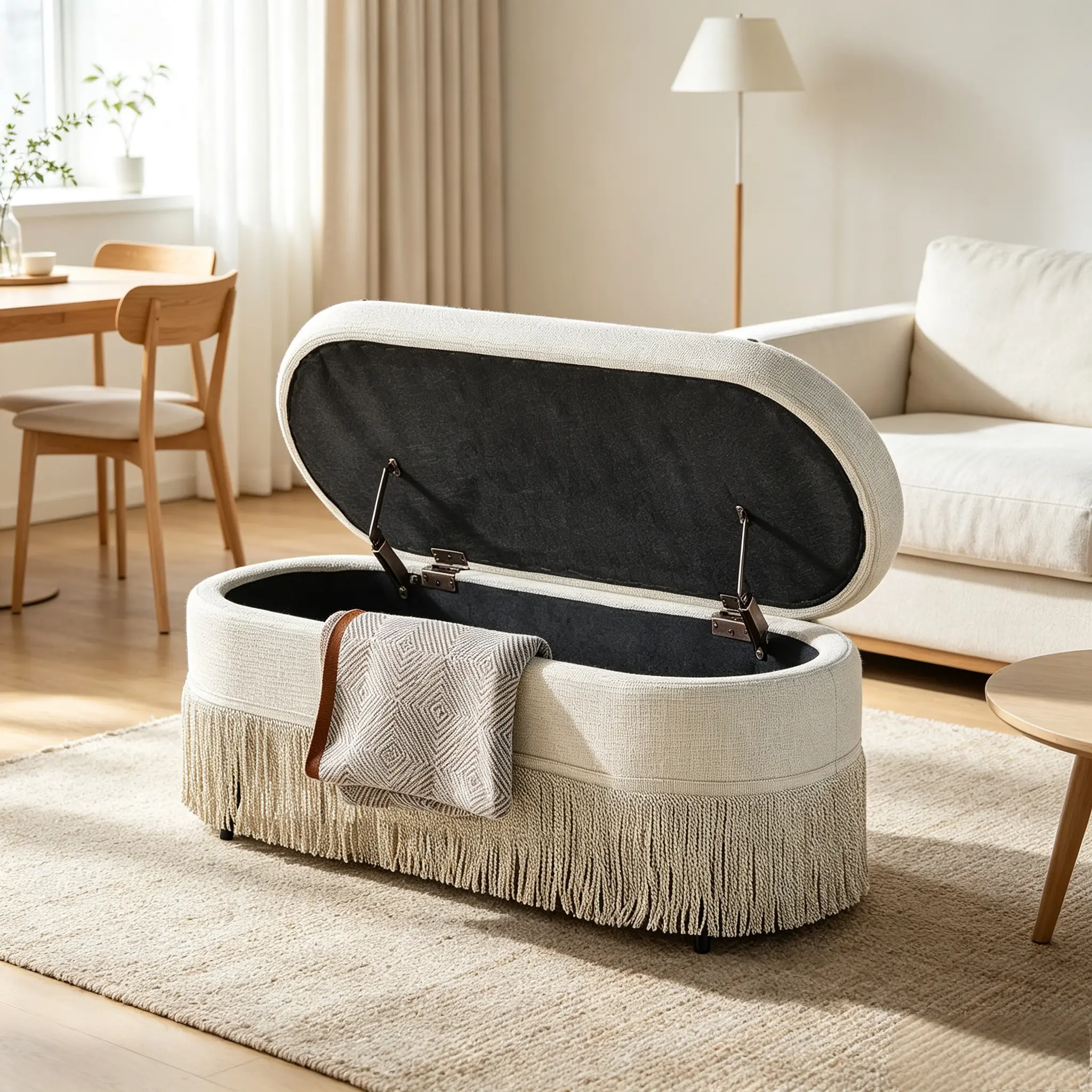 39" L Beige Storage Ottoman Living Room Furniture - Upholstered Lift-Top Stool with Hidden Storage, Fringe Trim, Sturdy Metal Legs, Footrest for Bedroom