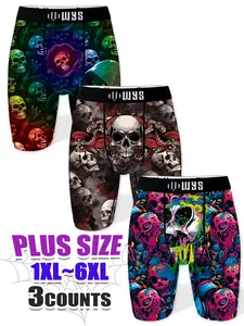 Men's Plus Size Long Briefs 1xl-6xl, Breathable Sports Underwear, Moisture Wicking, Halloween Demon Skull Print, Quick Dry, Elastic Waist, Street Style Underwear