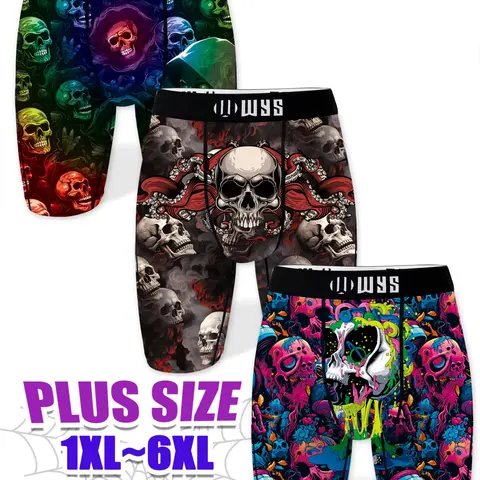 Men's Plus Size Long Briefs 1xl-6xl, Breathable Sports Underwear, Moisture Wicking, Halloween Demon Skull Print, Quick Dry, Elastic Waist, Street Style Underwear, Underwear Shorts, Streetwear Underwear