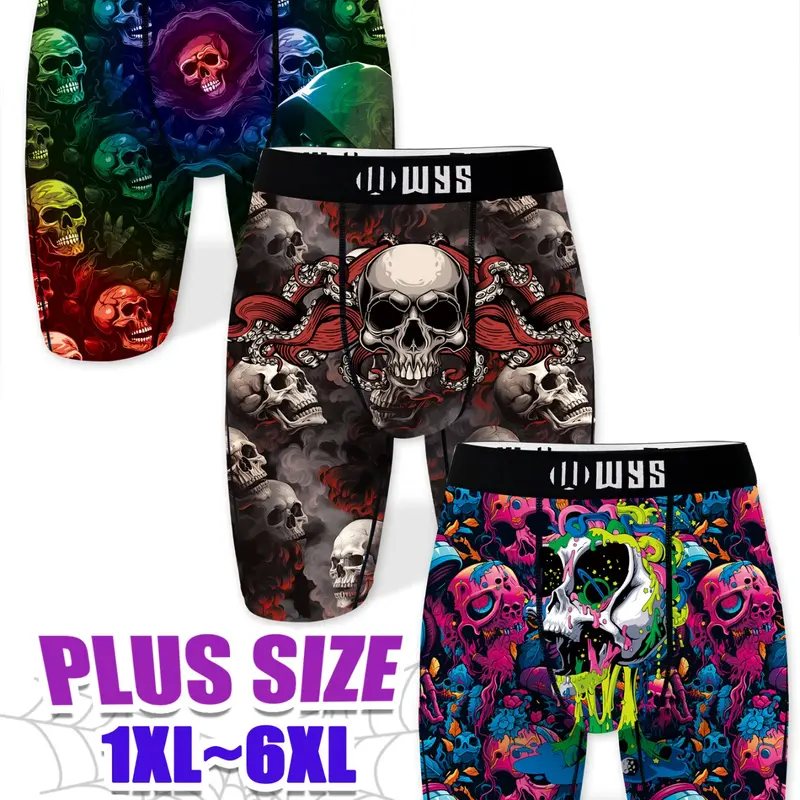 Men's Plus Size Long Briefs 1xl-6xl, Breathable Sports Underwear, Moisture Wicking, Halloween Demon Skull Print, Quick Dry, Elastic Waist, Street Style Underwear, Underwear Shorts, Streetwear Underwear