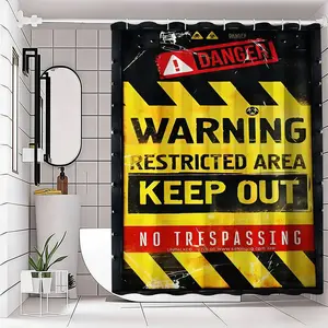 Industrial Caution Shower Curtain, Danger Banner, Biohazard Symbol, Warning Text, & Stripes, Halloween Decor, Safety Theme