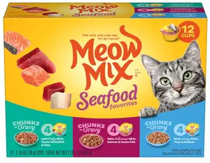 Meow Mix Seafood Favorites Chunks in Gravy Wet Cat Food Variety Pack, 2.75 Ounce (Pack of 12)