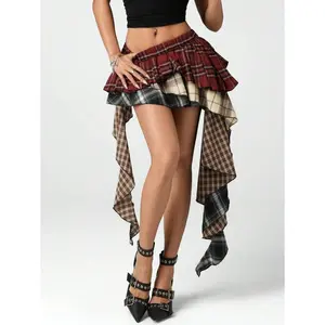 AsymmetricRuffledHemMixedPlaidMiniSkirtBottomsCotton