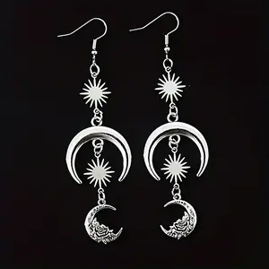 Silver-Toned Sun Moon Flower Dangle Earrings - Hypoallergenic Alloy with Exquisite Goth Style Design - Perfect Daily Casual Gift for Women