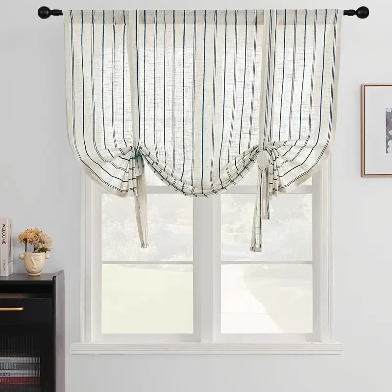 1pc Blue Striped Linen Sheer Curtain, Modern Kitchen Drapes with No-Wire Design, Boho Minimalist Style for Home Decoration