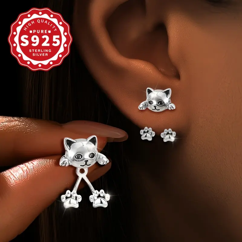 Pair of AEVINICE S925 Sterling Silver Cat Paw Dangle Earrings - Cute Cartoon Design, Hypoallergenic, Perfect for Daily Wear & Gifting, Ideal for Halloween & Parties, Cute Earrings