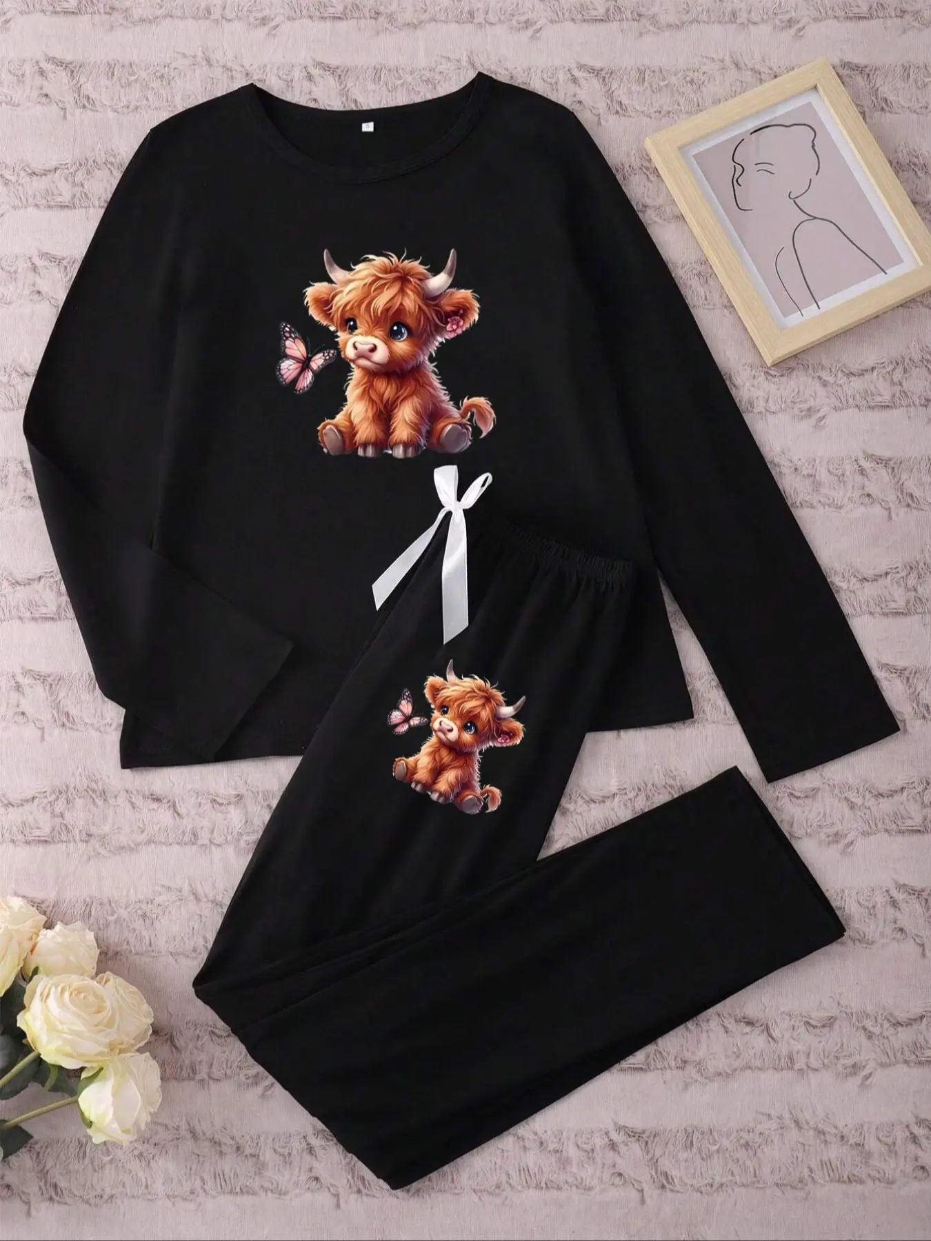 Women's Long Sleeve Pajama Set, Cartoon Highland Cow Print, Casual Soft Knit Fitted Sleepwear Loungewear, Spring & Fall Nightgown, Moderate Fabric, Pjs, Casual Pajamas Outfit, Nightwear Pajama Set