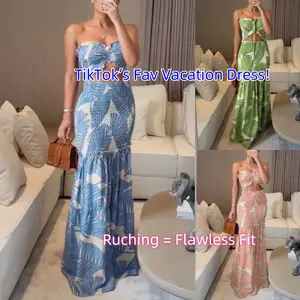 TikTok's Fav Women's Tropical Print Drawstring Ruched Shirred Frill Trim  Vacation Dress Cinched Waist Slim Fit Ruffle Hem Mermaid Dress Summer