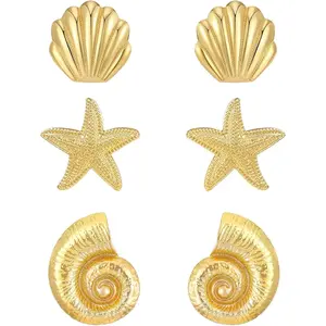 3 Pairs Beach Earrings for Women 14K Gold Statement Earrings Summer Ocean Jewelry Starfish Conch Seashell Stud Earring Set