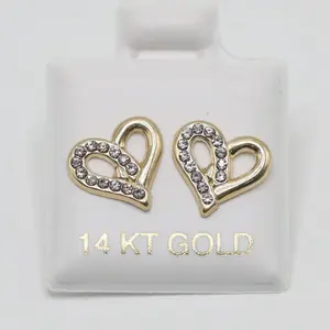 14 KT Gold Heart Pretzel Style Stud Earrings with Sparkling Rhinestones for Women's Fashion Jewelry