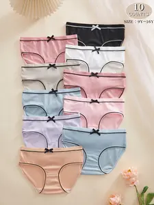 10 Pack Bowknot Girls' Triangle Underwear, Soft Ribbed Plain Design, Youth Student Casual Shorts, Multiple Sizes & Colors, All Seasons
