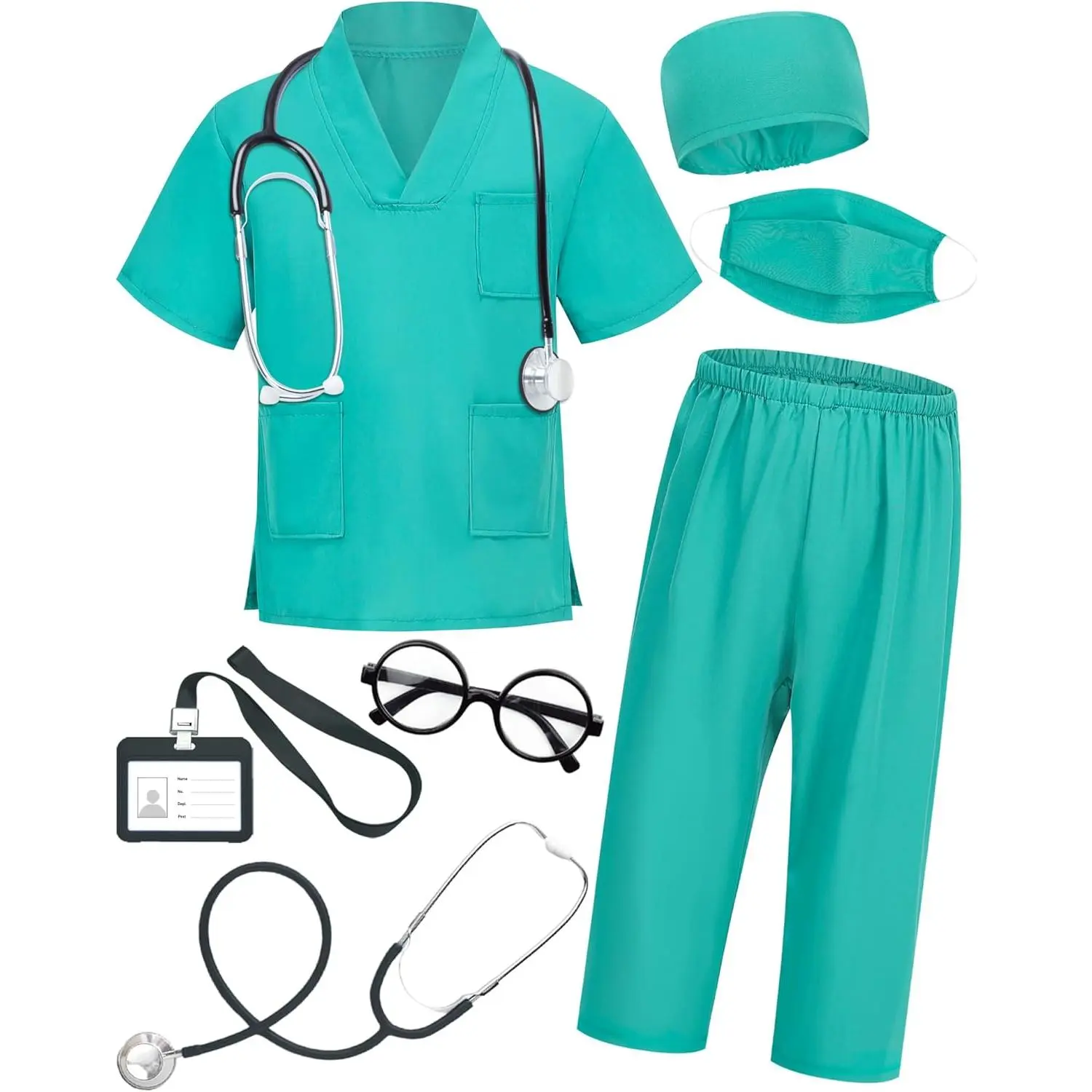 Kids' Comfortable 7-Piece Doctor Scrubs Outfit Full Set - Short Sleeve Loose-Fit Clothes with Stethoscope, Halloween Accessories for 3-11 Years Boys & Girls, Soft Polyester