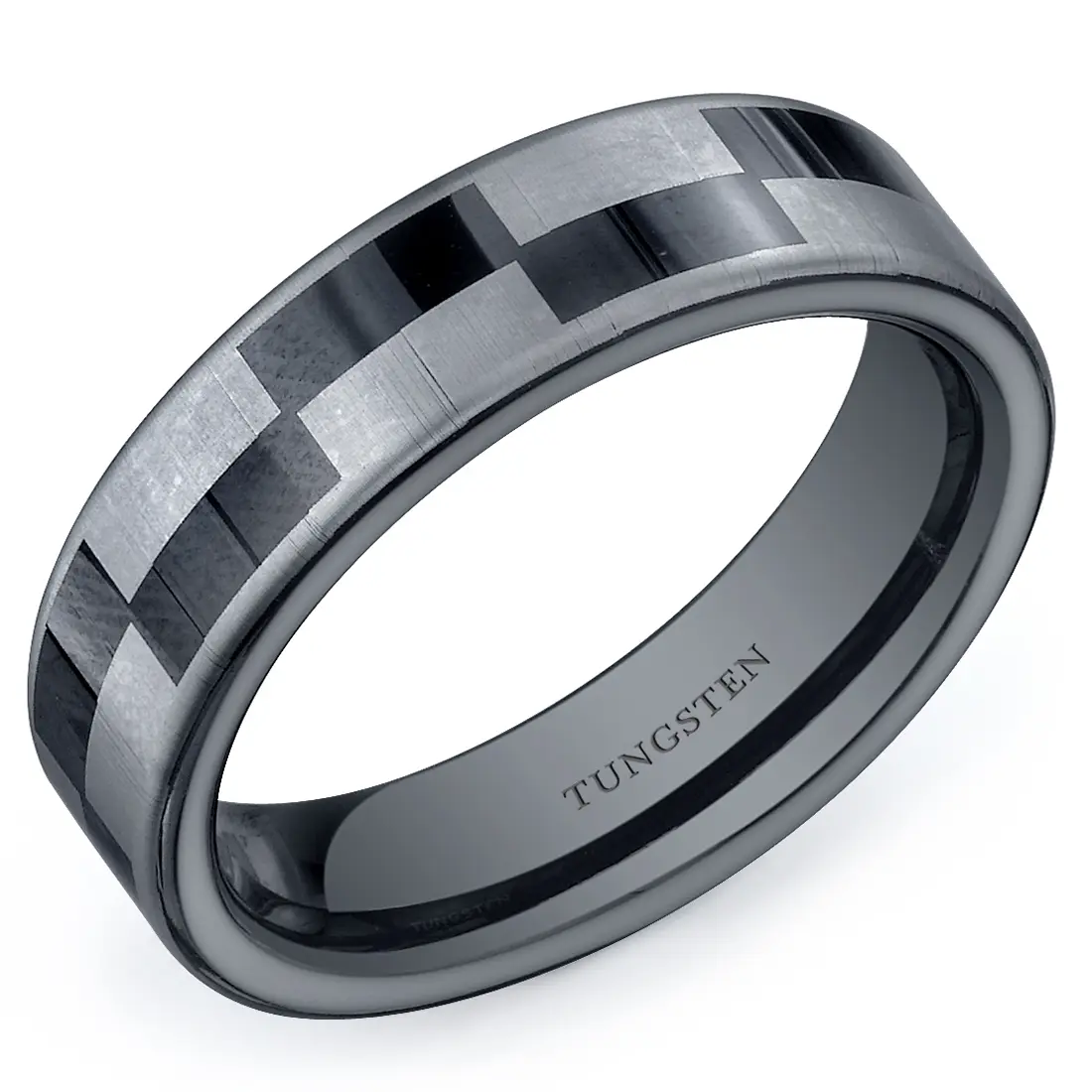 Black and Silver Checkerboard 6mm Tungsten Band Daily Engagement Birthday Anniversary