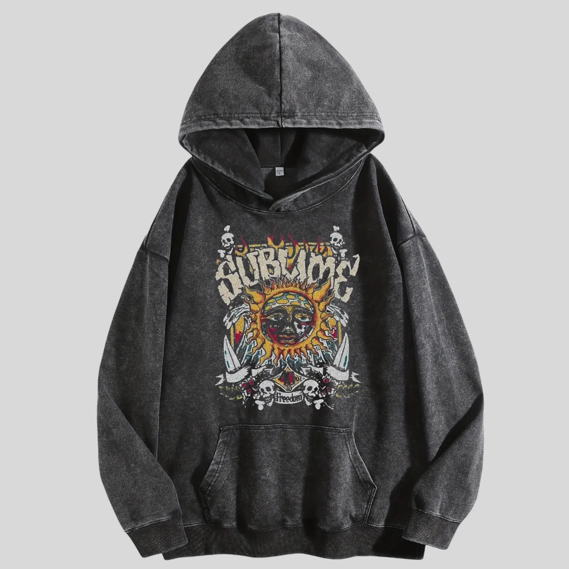 Vintage Sun Pattern Washed Hoodie, Oversized Menswear And Women Menswear Tops, Gym Pump Cover, Hip Hop Y2K Graphic Apparel, Gift for Fans