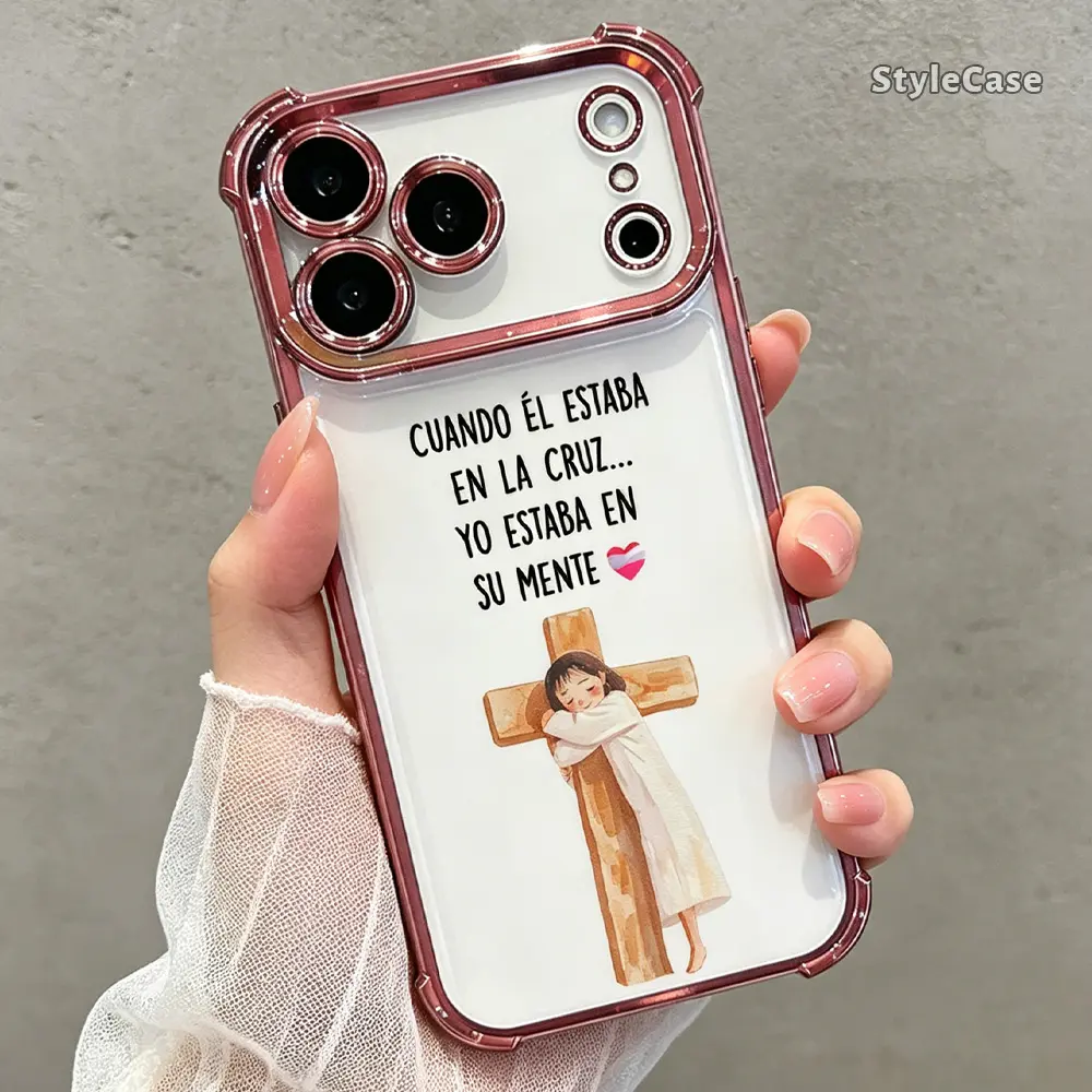 Spanish Cross Jesus Phone Case for iPhone 17 16 15 14 13 12 11 Pro Max Plus Air, Christian Faith Clear TPU Shockproof Metallic Edge Cover Religious Gift DDSJ260627026