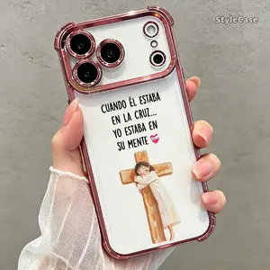 Spanish Cross Jesus Phone Case for iPhone 17 16 15 14 13 12 11 Pro Max Plus Air, Christian Faith Clear TPU Shockproof Metallic Edge Cover Religious Gift DDSJ260627026
