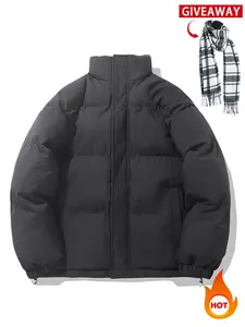 Men's Solid Color Zip Up Warm Jacket, Loose Casual Long Sleeve Stand Collar Street Fashion Outerwear for Winter, Men's Clothes for Daily Wear