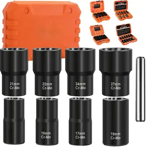 9PCS Lug Nut Extractor Set, 1/2" Drive Impact Bolt Remover Socket Tool, Wheel Lock Removal Kit, Easy Out Extractor Set for Damaged, Frozen, Rusted, Rounded-Off Bolts, Father's Day Gift