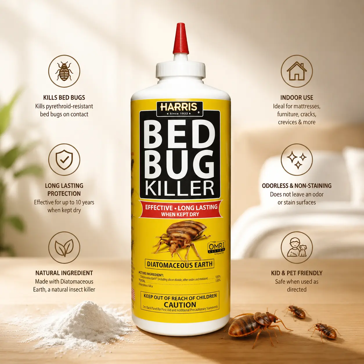 Harris HDE-8 Bed Bug Powder Diatomaceous Earth, 8oz, Yellow, Pest Repellent Solutions for Home Pest & Weed Control, Organic
