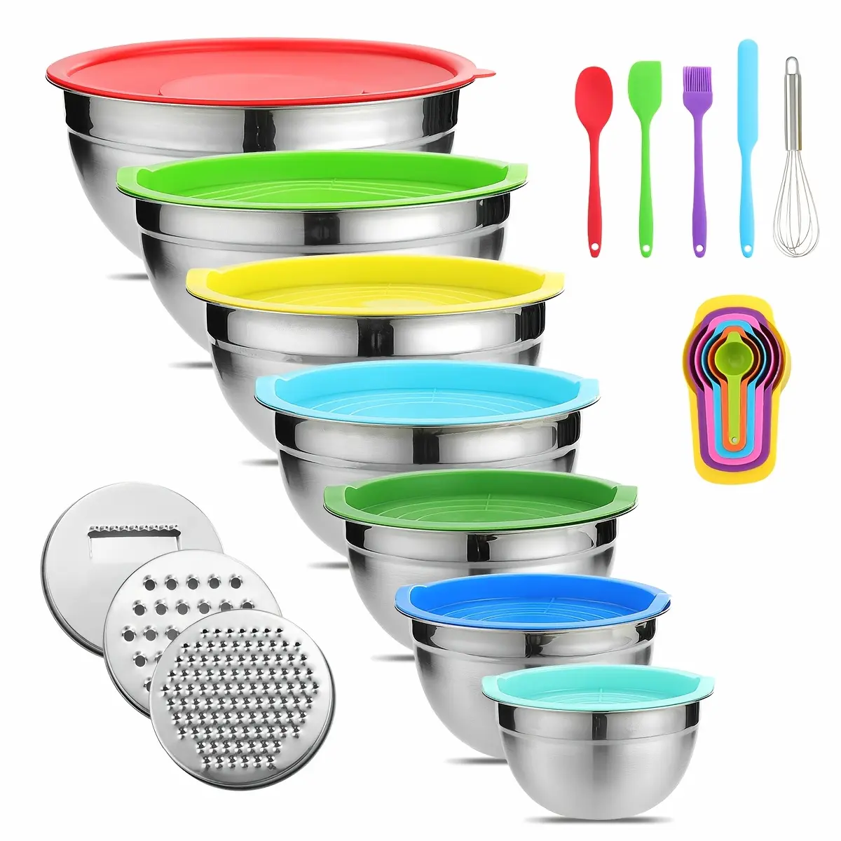 Set of 21 Mixing Bowls with Lids, Made of Stainless Steel, Includes 3 Grater Attachments, Sizes Ranging from 0.7QT to 4.5QT, Perfect for Cooking, Baking, And Serving in The Kitchen, Suitable for Christmas Use