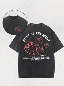 Fruit of Spirit, Fruit, Strawberry, 230g High-Quality Double-Sided Printed Batik T-Shirt, Outdoor Sports Shirt, Vintage Washed, 100% Cotton, Daily Wear
