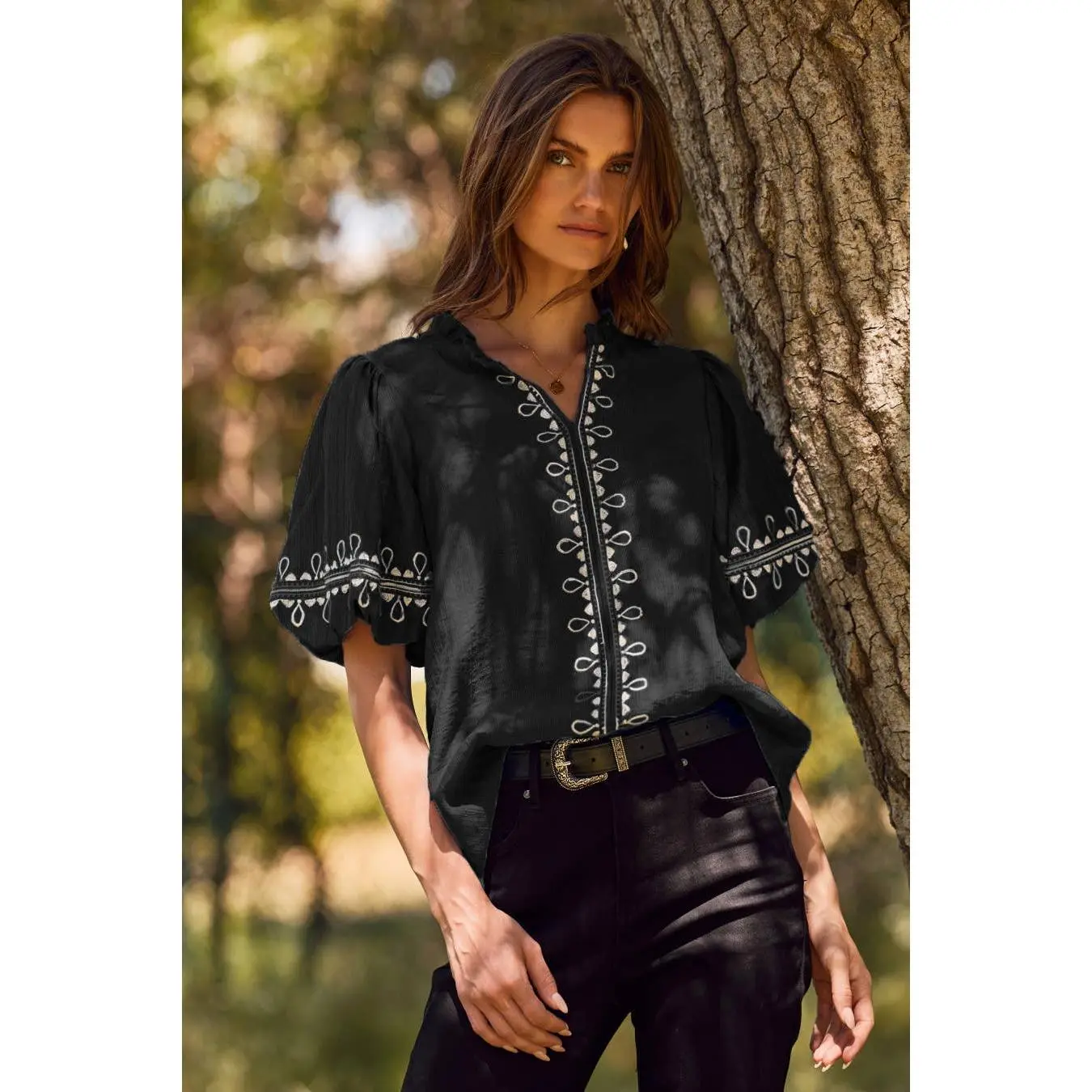 Embroidered Bubble Sleeve Blouse