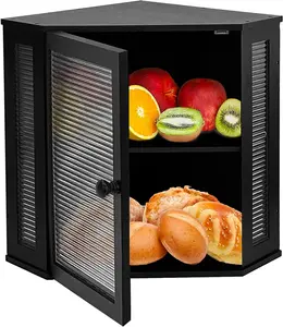 NEW Extra Large Corner Bread Box - Bamboo Bread Box for Kitchen Countertops, Large Capacity Kitchen Bread Storage and Organizer with Corrugated Acrylic Wavy Window (Black)