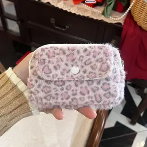 Cute Pink Leopard Print Storage Bag – Plush Large-Capacity Card Holder, Sweet & Portable Organizer for Accessories, Perfect for Travel & Daily Use