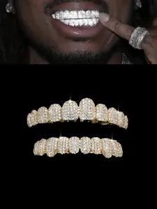 1PC/2PCS/SET 18K Golden Plated Cubic Zircon Grillz Teeth 10 Teeth Top Bottom Grills Iced Out Mouth Punk Tooth Braces Tooth Gems Cosplay Rapper Jewelry