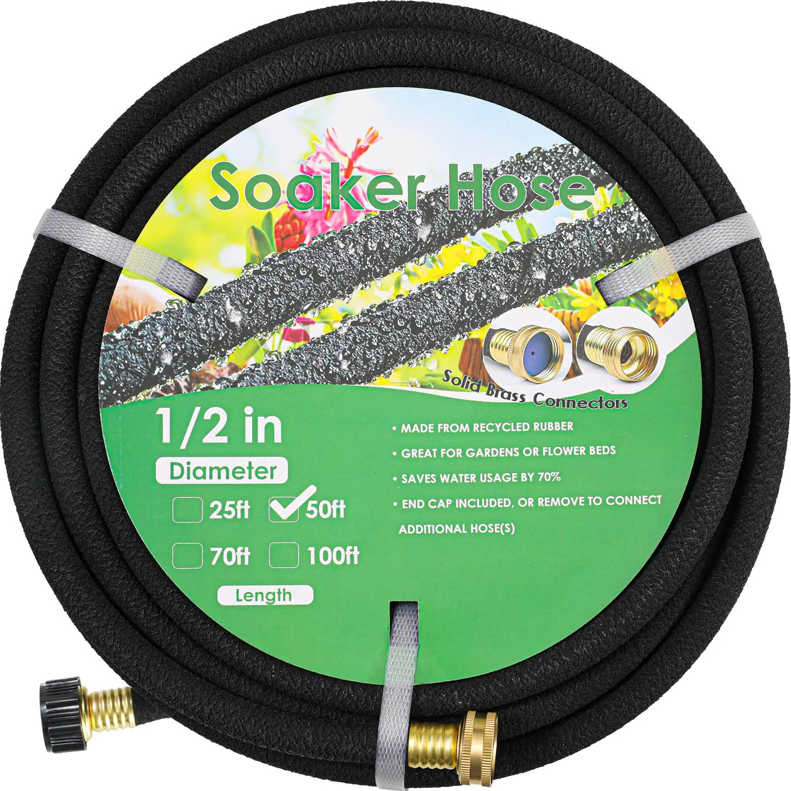 TLGREEN 50/100 ft Soaker Hose 1/2" Solid Brass Connectors for Garden, Lawn & Yard, Heavy Duty Drip Hose with 70% Water Savings, Watering Systems   for Flower Beds, Vegetable Garden & Landscaping