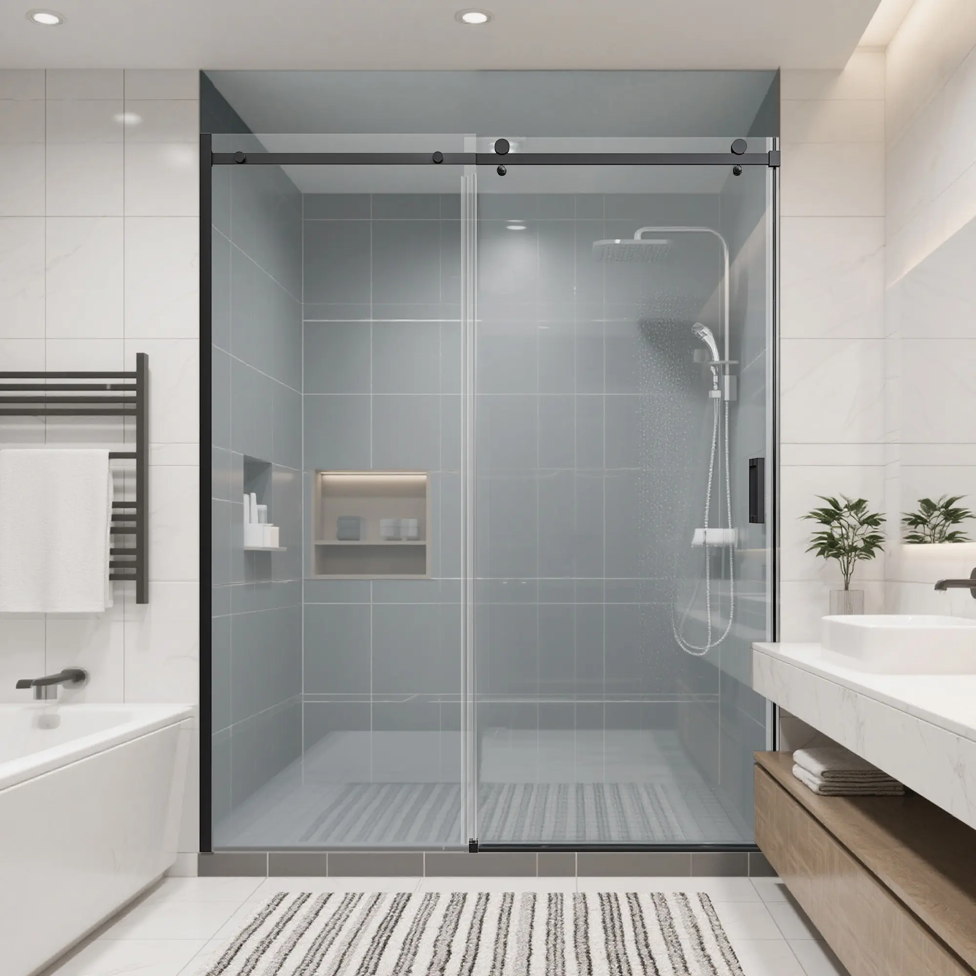 56-60 Inch W x 74 Inch H Frameless Single Sliding Shower Door, 5/16" (8mm) SGCC Tempered Glass, Matte Black Finish, Modern Bathroom Shower Enclosure, Walk-In Shower Door with Smooth Sliding Mechanism, Easy Clean Glass, Bathroom Shower Door