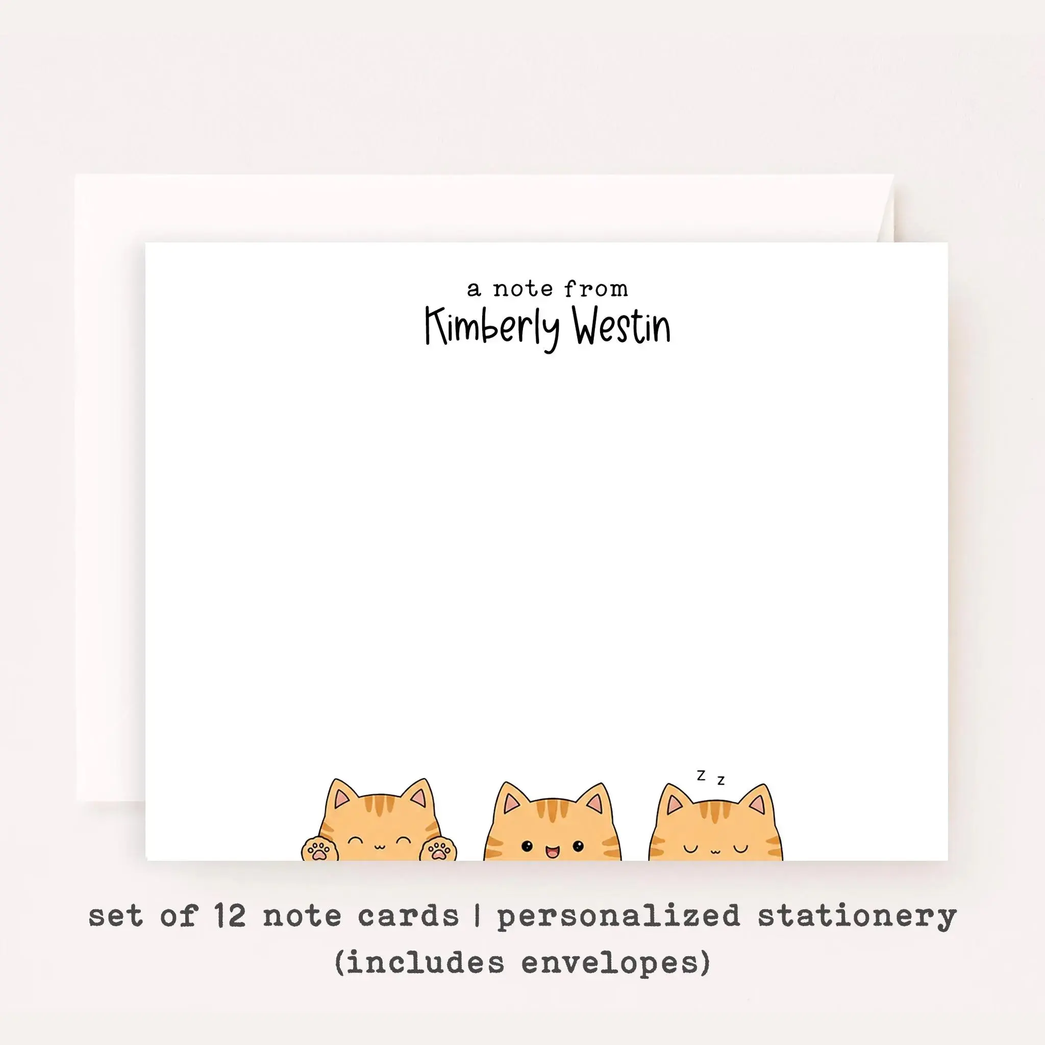 Personalized Orange Tabby Cat Stationery • Cute Orange Cat Notecard Set • Custom Name Note Cards • Cat Thank You Cards • Set of 12