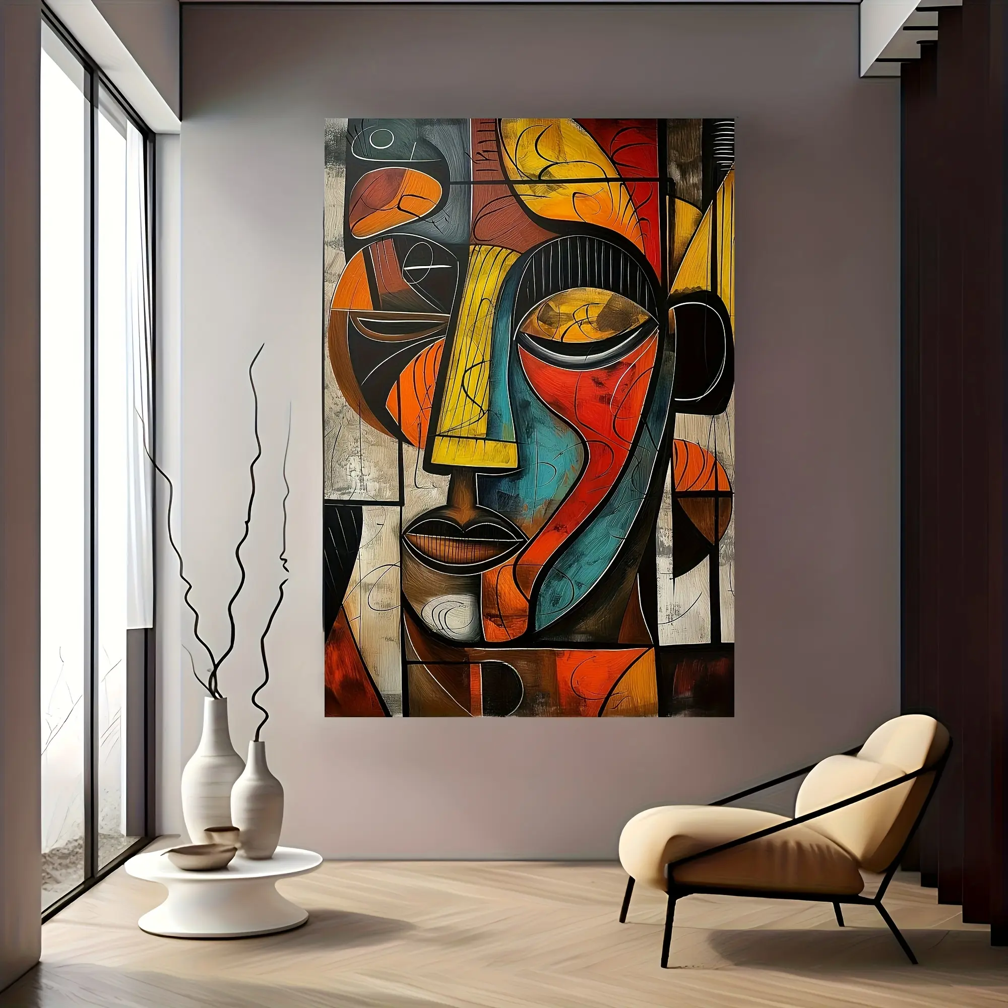 Wooden Framed Canvas African Art Style Abstract Face Design Figures Pattern Painting, Modern Home Decoration, Inspirational Wall Art, Wall Art Decor for Living Room, Bedroom, Office, Restaurant, Ornaments