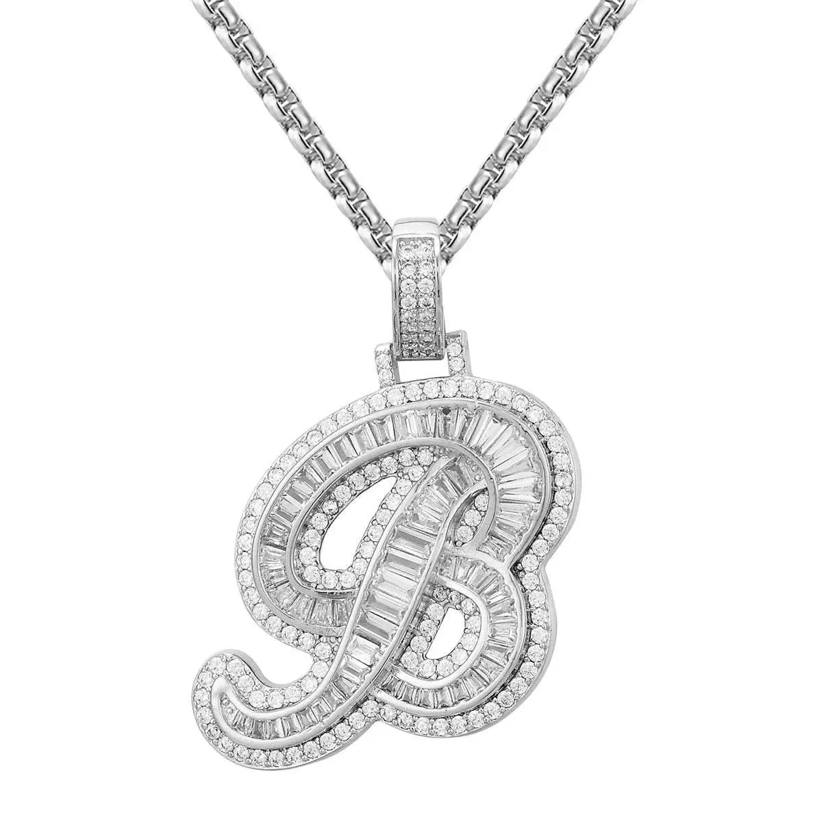 Custom Italic Initial Letter B Baguette Micro Pave Pendant