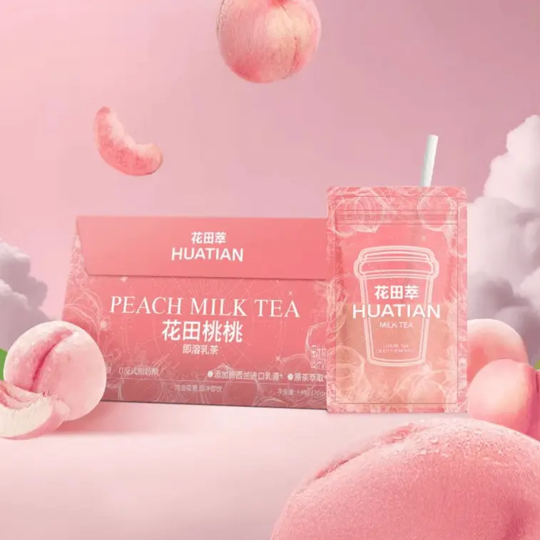 HUATIAN Peach Milk Tea – 7 Sachets, 140g | Juicy Peach Flavor, Sugar-Free, Low-Calorie | Portable with Straw | Best Served Cold