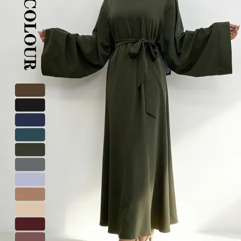 Women's Solid Long Sleeve Belted Lounge Dress, Casual Comfy Round Neck Loose Long Dress for Daily Home Wear, Muslim Arabic Abaya, Ladies Islamic Clothes, Modesty Muslim Clothing, Modest Style Dress, Modest Outfit for All Seasons, Modest Fashion