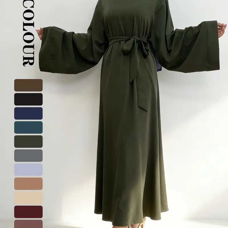 Women's Solid Long Sleeve Belted Lounge Dress, Casual Comfy Round Neck Loose Long Dress for Daily Home Wear, Muslim Arabic Abaya, Ladies Islamic Clothes, Modesty Muslim Clothing, Modest Style Dress, Modest Outfit for All Seasons, Modest Fashion
