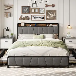 King Size Bed Frame with 2 Storage Drawers and Charging Station Rustic Linen Upholstered Platform Bedframe with Storage Headboard Heavy Duty No Box Spring Needed Easy Assembly Noise Free